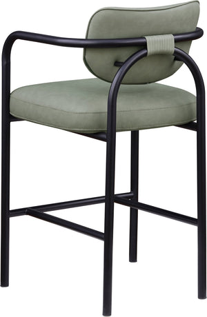 Meridian Furniture Serava Sculpted Vegan Leather Bar Stool with Matte Black Iron Frame for Kitchen Islands Green 77069Green-C