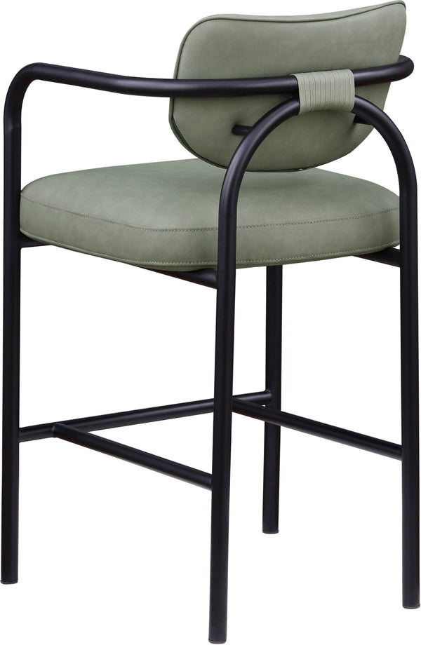 Meridian Furniture Serava Sculpted Vegan Leather Bar Stool with Matte Black Iron Frame for Kitchen Islands Green 77069Green-C