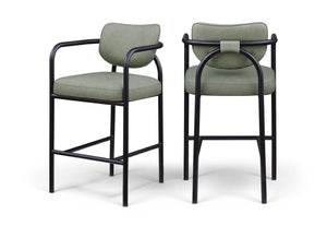 Meridian Furniture Serava Sculpted Vegan Leather Bar Stool with Matte Black Iron Frame for Kitchen Islands Green 77069Green-C