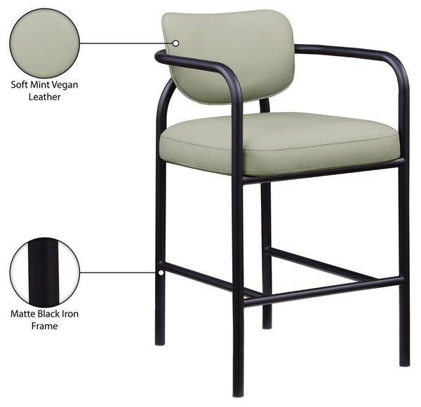 Meridian Furniture Serava Sculpted Vegan Leather Bar Stool with Matte Black Iron Frame for Kitchen Islands Mint 77069Mint-C