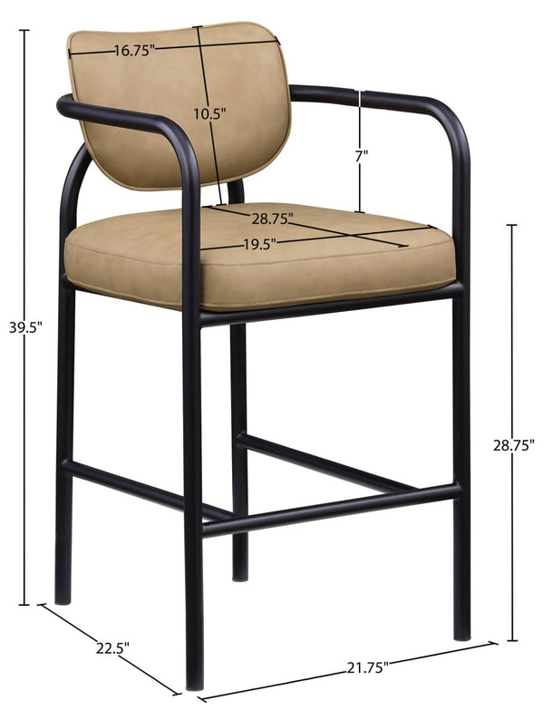 Meridian Furniture Serava Sculpted Vegan Leather Bar Stool with Matte Black Iron Frame for Kitchen Islands Tan 77069Tan-C