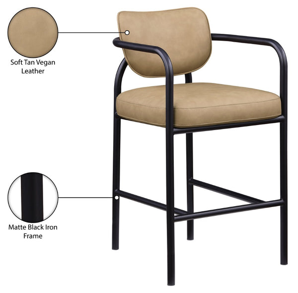 Meridian Furniture Serava Sculpted Vegan Leather Bar Stool with Matte Black Iron Frame for Kitchen Islands Tan 77069Tan-C