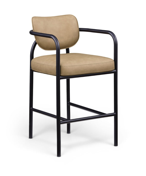 Meridian Furniture Serava Sculpted Vegan Leather Bar Stool with Matte Black Iron Frame for Kitchen Islands Tan 77069Tan-C