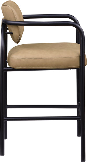 Meridian Furniture Serava Sculpted Vegan Leather Bar Stool with Matte Black Iron Frame for Kitchen Islands Tan 77069Tan-C
