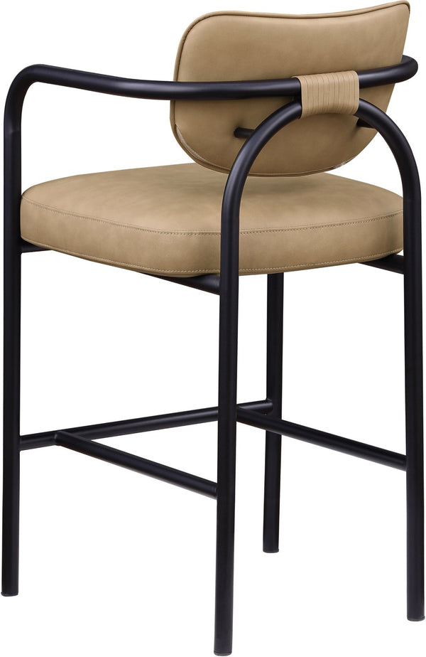 Meridian Furniture Serava Sculpted Vegan Leather Bar Stool with Matte Black Iron Frame for Kitchen Islands Tan 77069Tan-C