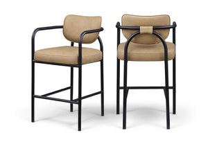 Meridian Furniture Serava Sculpted Vegan Leather Bar Stool with Matte Black Iron Frame for Kitchen Islands Tan 77069Tan-C