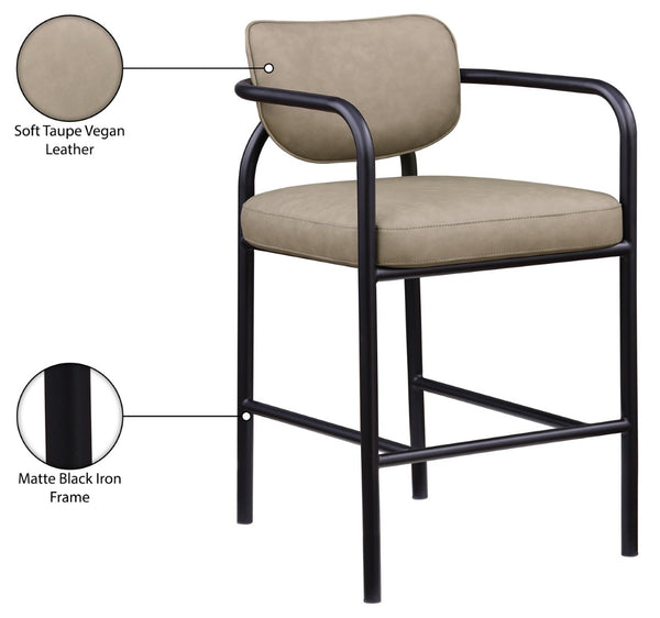 Meridian Furniture Serava Sculpted Vegan Leather Bar Stool with Matte Black Iron Frame for Kitchen Islands Taupe 77069Taupe-C