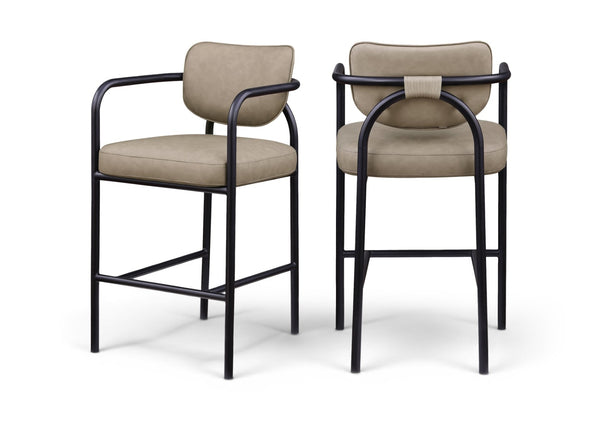Meridian Furniture Serava Sculpted Vegan Leather Bar Stool with Matte Black Iron Frame for Kitchen Islands Taupe 77069Taupe-C