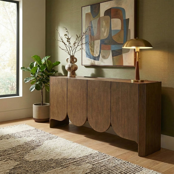 Meridian Furniture Ember Solid Oak Sideboard Buffet with Scalloped Base and Natural Wood Grain for Dining Rooms Brown 77072Brown