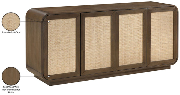 Meridian Furniture Windsor Solid Wood Cane Panel Sideboard Mid-century Modern Buffet for Dining Room Brown 72" W x 18.5" D x 31" H 77075Brown