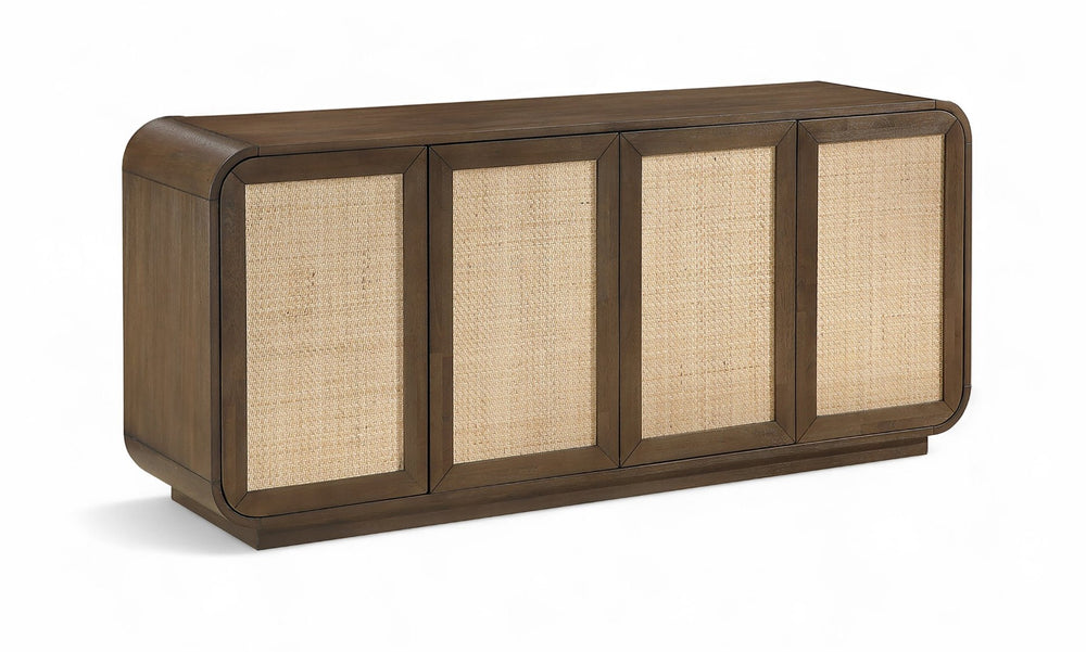 Meridian Furniture Windsor Solid Wood Cane Panel Sideboard Mid-century Modern Buffet for Dining Room Brown 72" W x 18.5" D x 31" H 77075Brown