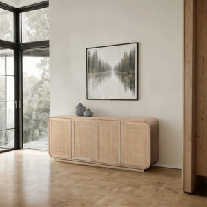 Meridian Furniture Windsor Solid Wood Cane Panel Sideboard Mid-century Modern Buffet for Dining Room Natural 72" W x 18.5" D x 31" H 77075Natural