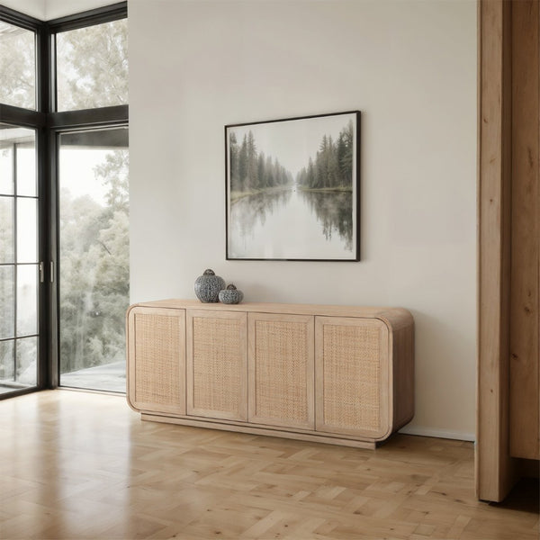 Meridian Furniture Windsor Solid Wood Cane Panel Sideboard Mid-century Modern Buffet for Dining Room Natural 72" W x 18.5" D x 31" H 77075Natural