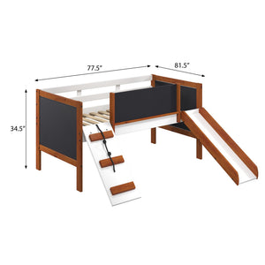 English Elm Cherry Cherry Oak and White Twin Loft Bed with Slide, Left Ladder, Blackboard Panels, 13-Slat Support B062S00462