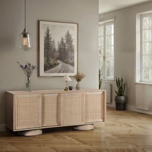 Meridian Furniture Windsor Solid Wood Cane Panel Sideboard Mid-century Modern Buffet for Dining Room Natural 72" W x 20" D x 30" H 77078Natural