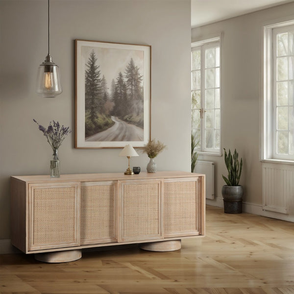 Meridian Furniture Windsor Solid Wood Cane Panel Sideboard Mid-century Modern Buffet for Dining Room Natural 72" W x 20" D x 30" H 77078Natural