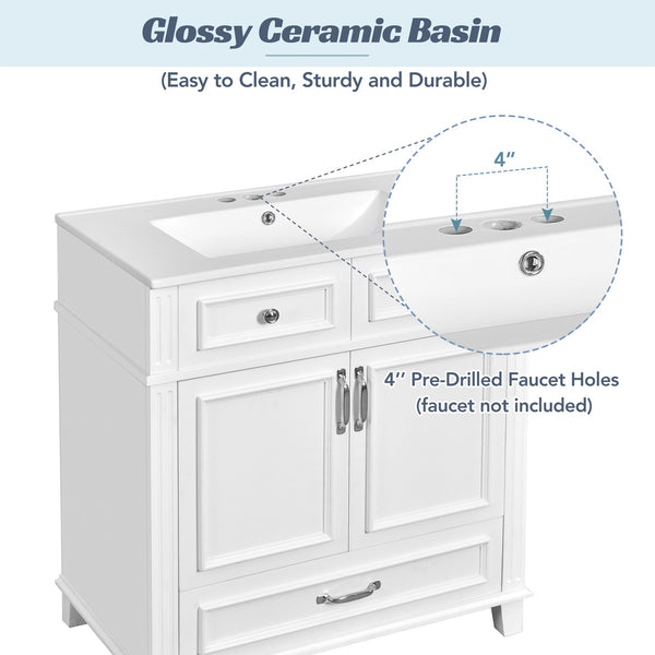 English Elm 30'' Bathroom Vanity with Sink - Retro Solid Wood Frame, Ceramic Basin, Soft-Close Doors & Ample Storage White N710P190656K