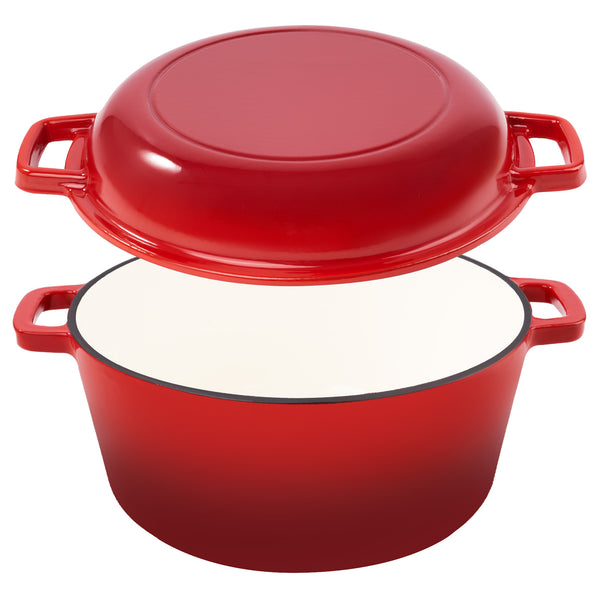 English Elm Enamel Cast Iron Dutch Oven 6QT with 2QT Lid — Versatile 2-in-1 Stew Pot and Frying Pan Set for Home Cooking Red T3950P391585