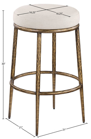 Meridian Furniture Ferro Linen Textured Performance Fabric Barstool with Brushed Brass Iron Legs 77081Beige-C
