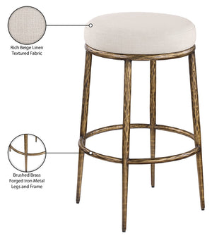 Meridian Furniture Ferro Linen Textured Performance Fabric Barstool with Brushed Brass Iron Legs 77081Beige-C
