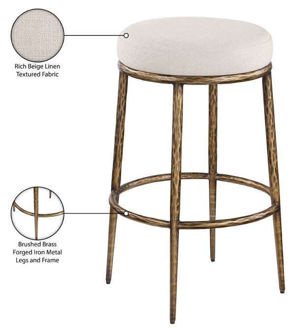 Meridian Furniture Ferro Linen Textured Performance Fabric Barstool with Brushed Brass Iron Legs 77081Beige-C