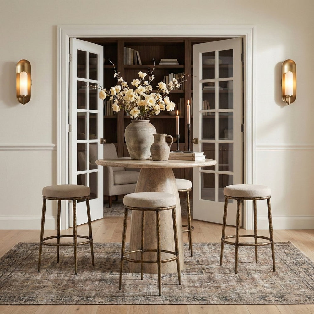 Meridian Furniture Ferro Linen Textured Performance Fabric Barstool with Brushed Brass Iron Legs 77081Beige-C