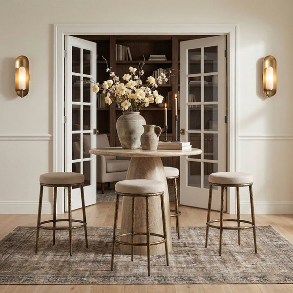Meridian Furniture Ferro Linen Textured Performance Fabric Barstool with Brushed Brass Iron Legs 77081Beige-C