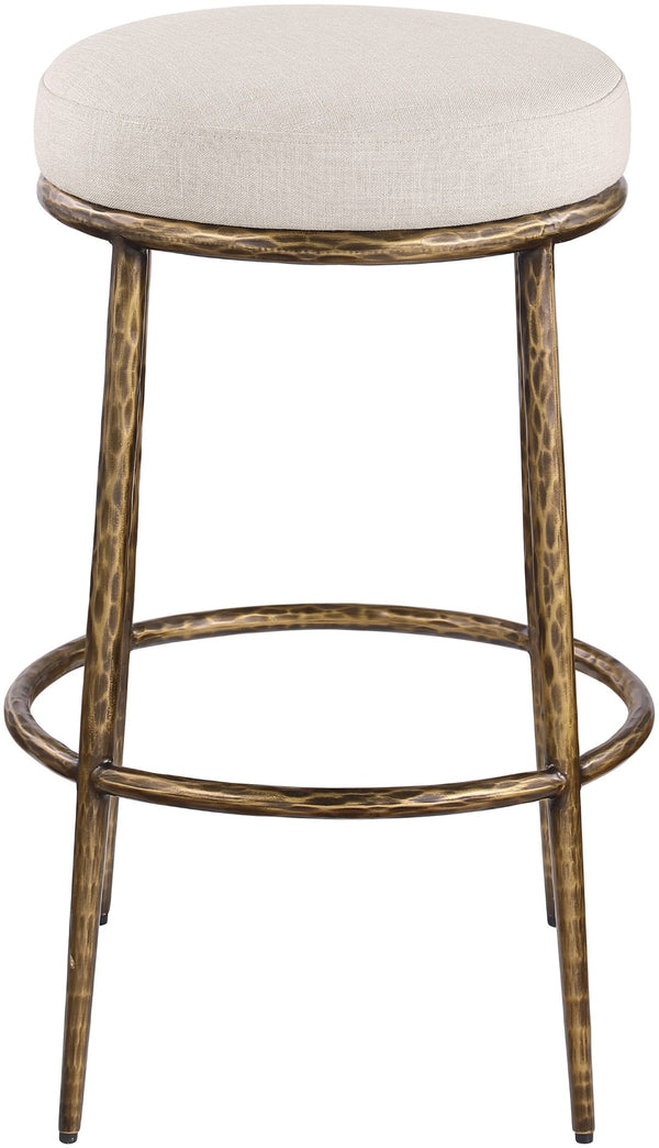 Meridian Furniture Ferro Linen Textured Performance Fabric Barstool with Brushed Brass Iron Legs 77081Beige-C