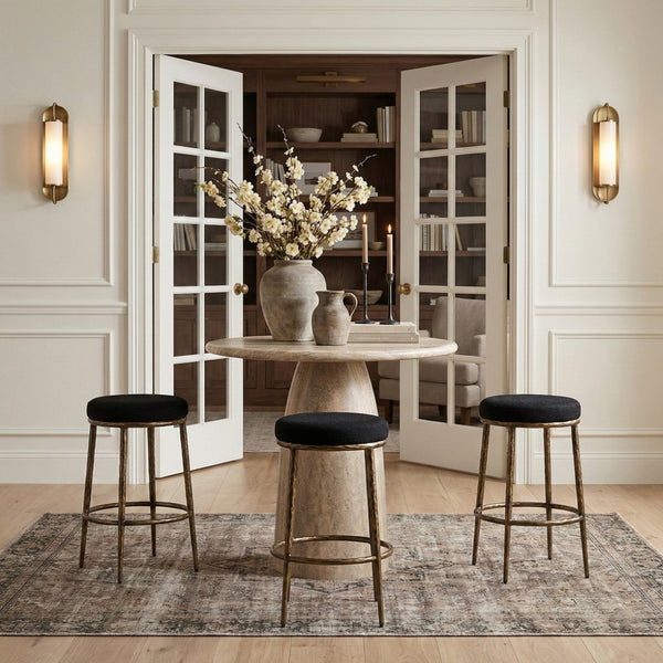 Meridian Furniture Ferro Performance Fabric Barstool with Brushed Brass Iron Legs for Kitchen Islands 77081Black-C