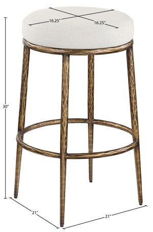 Meridian Furniture Ferro Sculptural Bar Stool with Brushed Brass Iron Frame and Cream Linen Upholstery 77081Cream-C