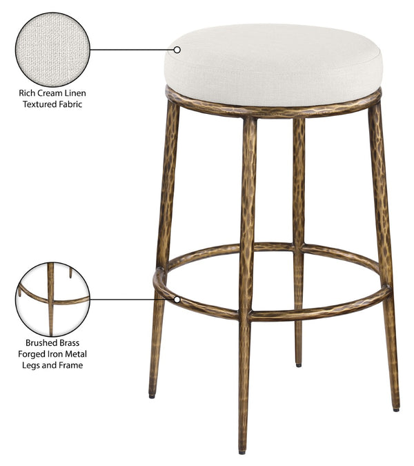 Meridian Furniture Ferro Sculptural Bar Stool with Brushed Brass Iron Frame and Cream Linen Upholstery 77081Cream-C