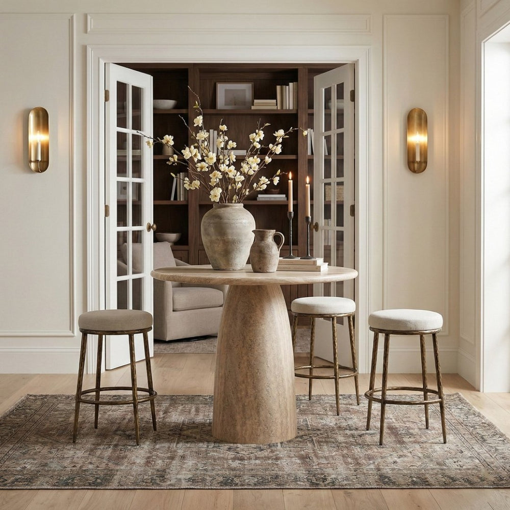 Meridian Furniture Ferro Sculptural Bar Stool with Brushed Brass Iron Frame and Cream Linen Upholstery 77081Cream-C