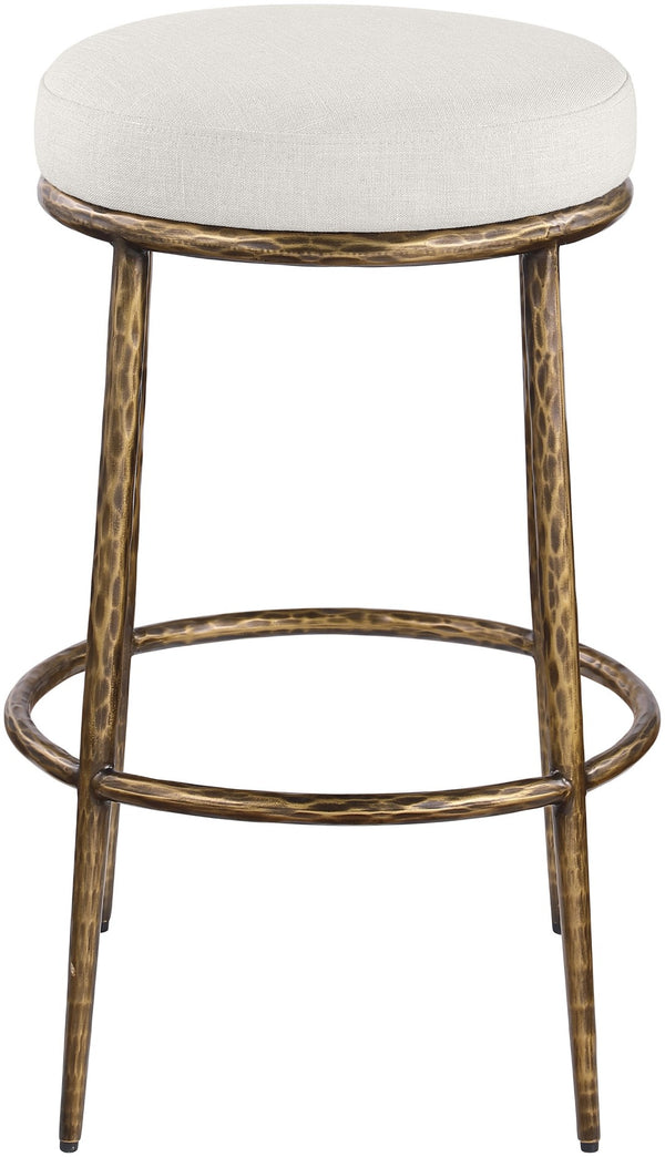Meridian Furniture Ferro Sculptural Bar Stool with Brushed Brass Iron Frame and Cream Linen Upholstery 77081Cream-C
