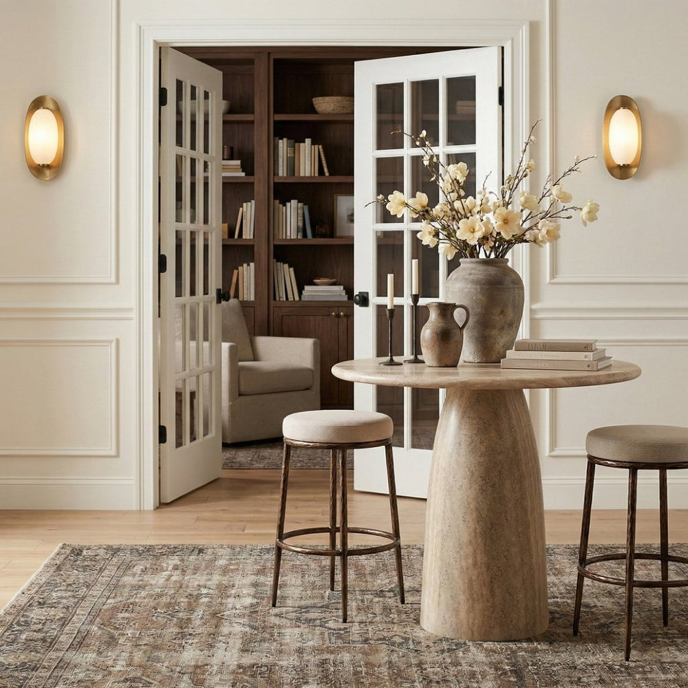 Meridian Furniture Ferro Linen-textured Performance Fabric Barstool with Brushed Bronze Iron Base 77082Beige-C