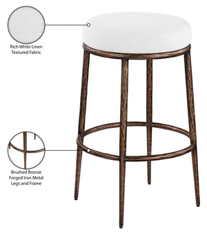 Meridian Furniture Ferro Sculptural Iron Barstool with Stain-resistant Linen Seat for Kitchen Islands 77082White-C