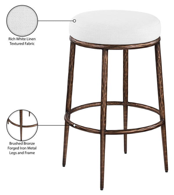 Meridian Furniture Ferro Sculptural Iron Barstool with Stain-resistant Linen Seat for Kitchen Islands 77082White-C