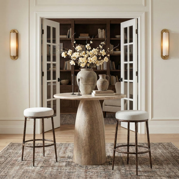 Meridian Furniture Ferro Sculptural Iron Barstool with Stain-resistant Linen Seat for Kitchen Islands 77082White-C