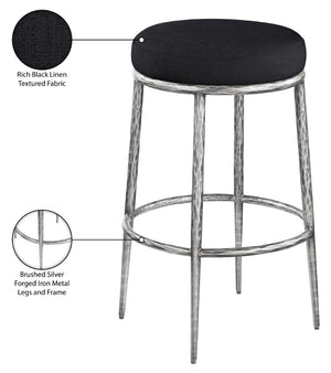 Meridian Furniture Ferro Contemporary Bar Stool with Linen Fabric Seat and Brushed Silver Iron Legs 77083Black-C
