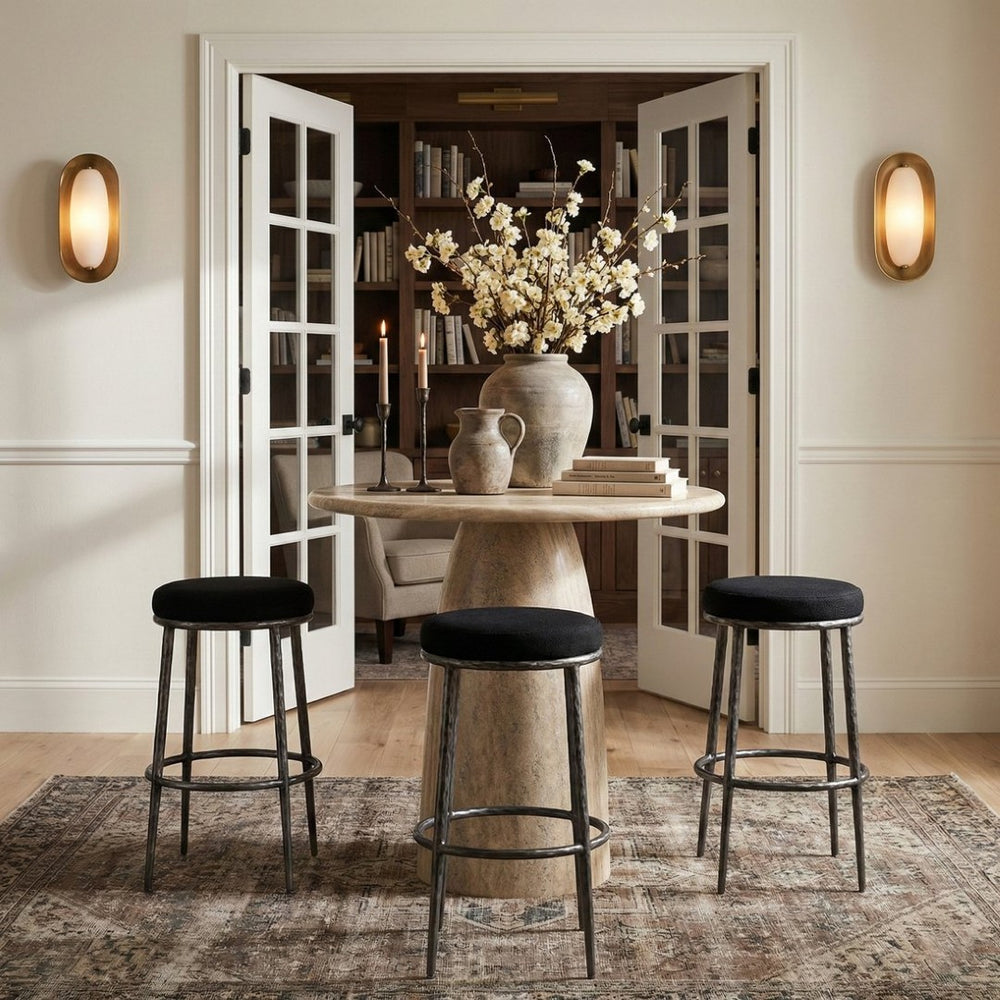 Meridian Furniture Ferro Contemporary Bar Stool with Linen Fabric Seat and Brushed Silver Iron Legs 77083Black-C