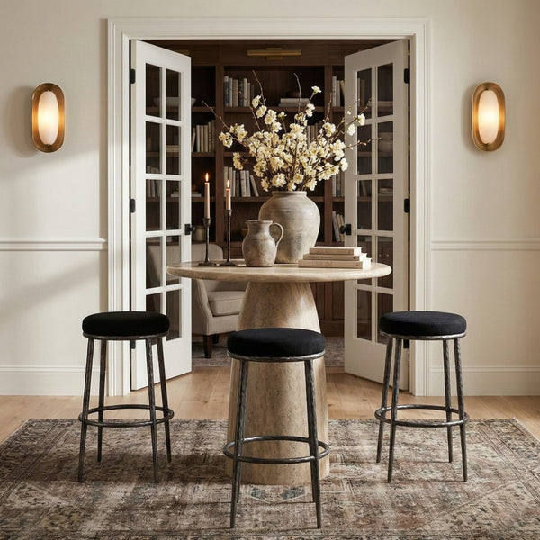 Meridian Furniture Ferro Contemporary Bar Stool with Linen Fabric Seat and Brushed Silver Iron Legs 77083Black-C
