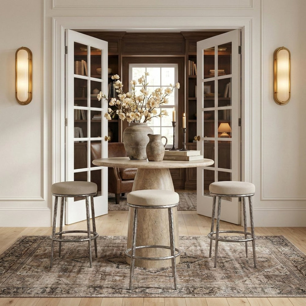 Meridian Furniture Ferro Upholstered Barstool with Forged Iron Legs and Linen Performance Seat 77083Cream-C