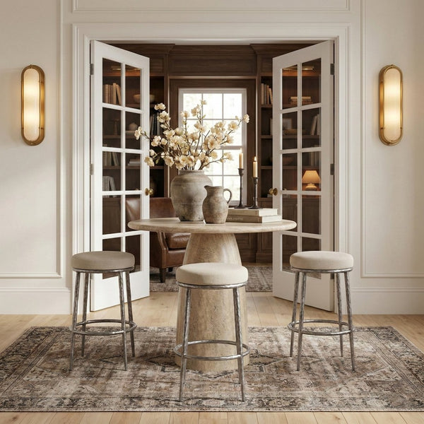 Meridian Furniture Ferro Upholstered Barstool with Forged Iron Legs and Linen Performance Seat 77083Cream-C