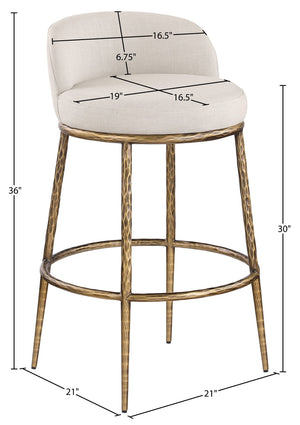 Meridian Furniture Ferro Beige Linen Performance Fabric Barstool with Brushed Brass Iron Legs 77084Beige-C