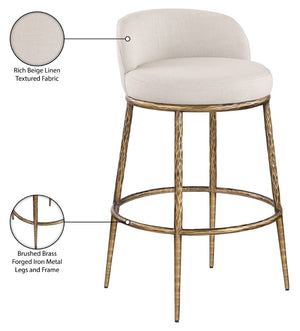 Meridian Furniture Ferro Beige Linen Performance Fabric Barstool with Brushed Brass Iron Legs 77084Beige-C