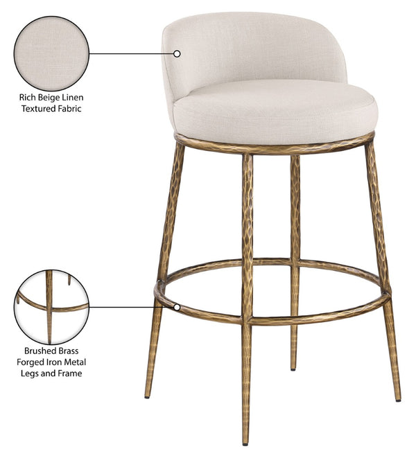 Meridian Furniture Ferro Beige Linen Performance Fabric Barstool with Brushed Brass Iron Legs 77084Beige-C