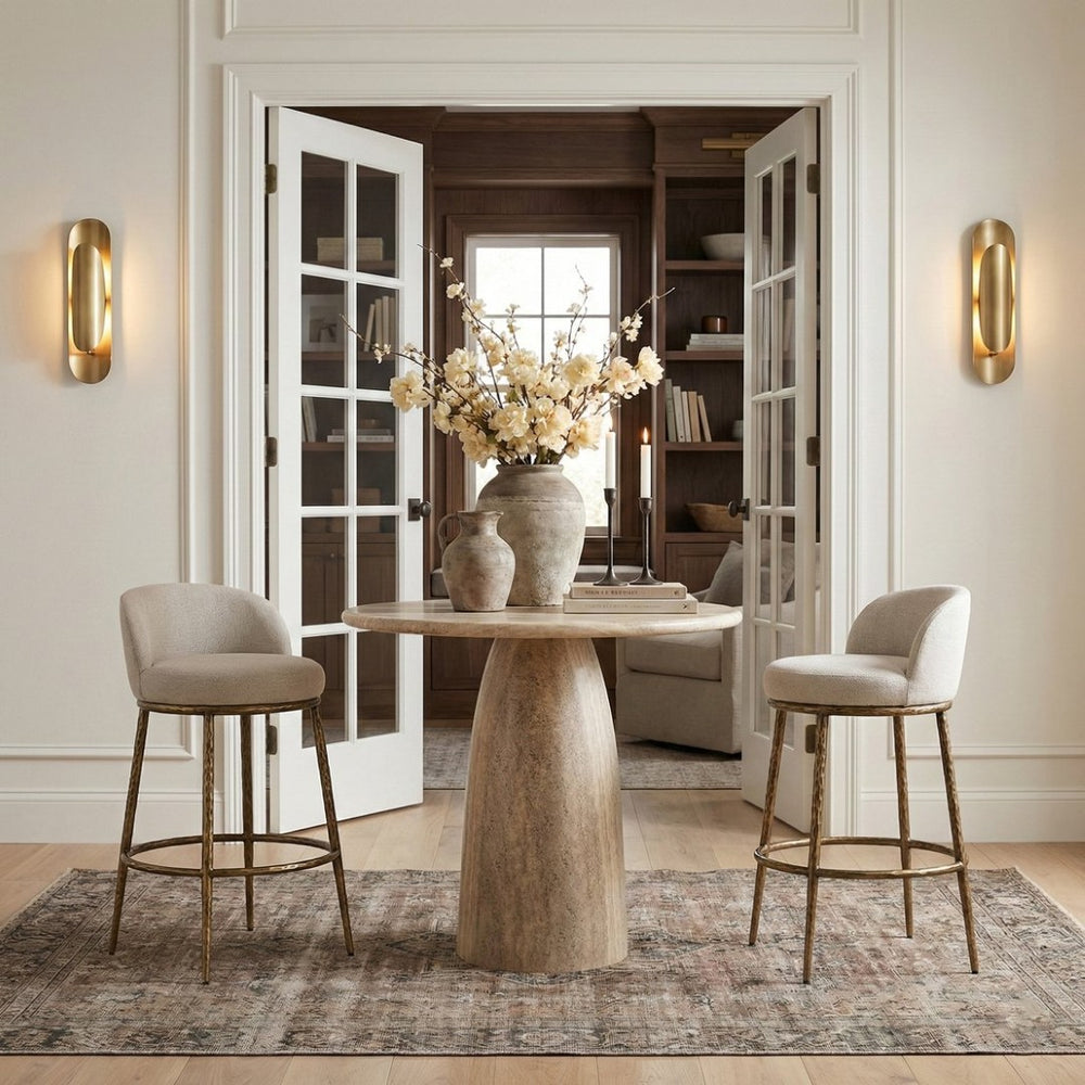 Meridian Furniture Ferro Beige Linen Performance Fabric Barstool with Brushed Brass Iron Legs 77084Beige-C