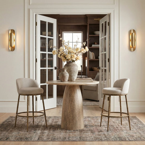 Meridian Furniture Ferro Beige Linen Performance Fabric Barstool with Brushed Brass Iron Legs 77084Beige-C