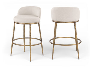Meridian Furniture Ferro Beige Linen Performance Fabric Barstool with Brushed Brass Iron Legs 77084Beige-C