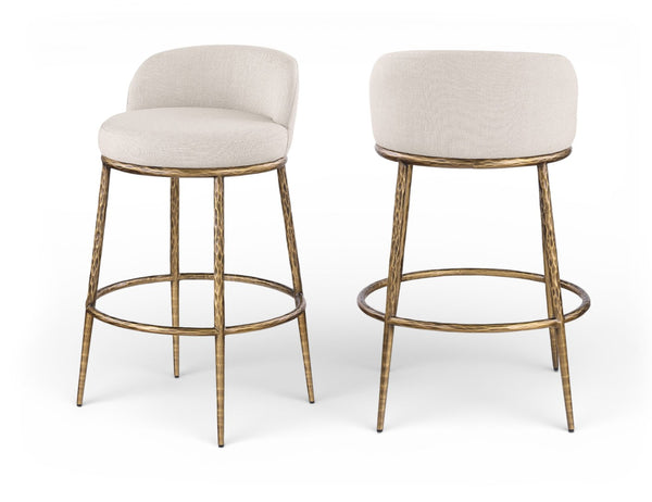 Meridian Furniture Ferro Beige Linen Performance Fabric Barstool with Brushed Brass Iron Legs 77084Beige-C