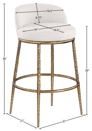 Meridian Furniture Ferro Cream Linen Upholstered Barstool with Brushed Brass Iron Frame for Kitchen Islands 77084Cream-C